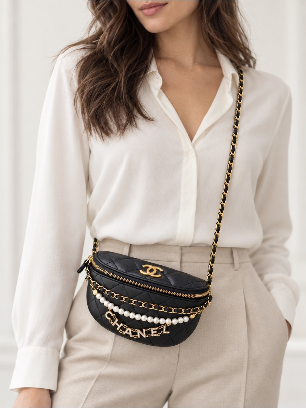 GWP - CC MAKE UP BAG - Black Quilted Crossbody Bag with Gold Chain and Pearl